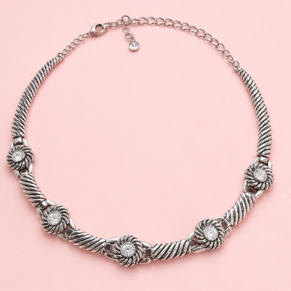 Cookie Lee Twisted Rope Collar Necklace Crystal Circular Stations Silver Tone